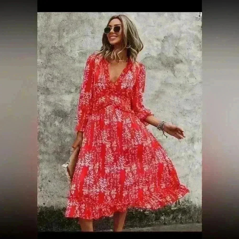 Red V-neck Floral Dress with Small Ruffled Neckline - Picture 1 of 4